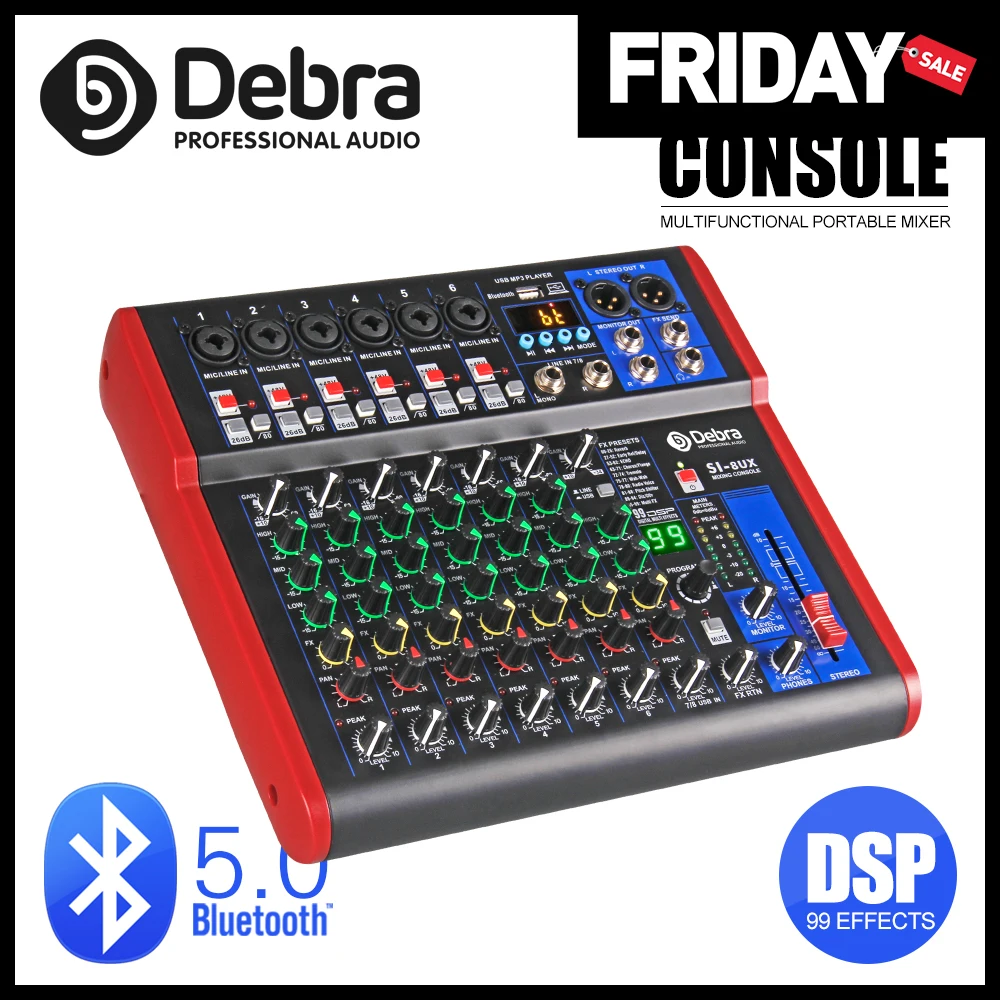 Debra Pro 8 Kanalni DJ Controlle z 99DSP Reverb efekt Bluetooth 5.0 USB Mešalnik USB za karaoke PC snemanje kondenzator mikrofon