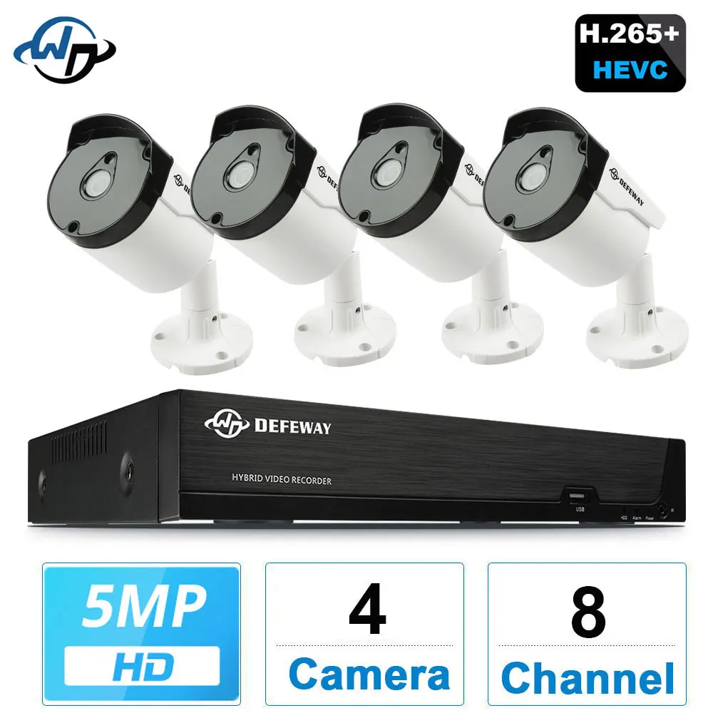 DEFEWAY H. 265+ 8CH 5.0 MP Video Nadzor DVR Komplet Varnostne Kamere CCTV Sistema 4 Kos 5MP AHD Bullet Fotoaparat 1TB HDD Neobvezno