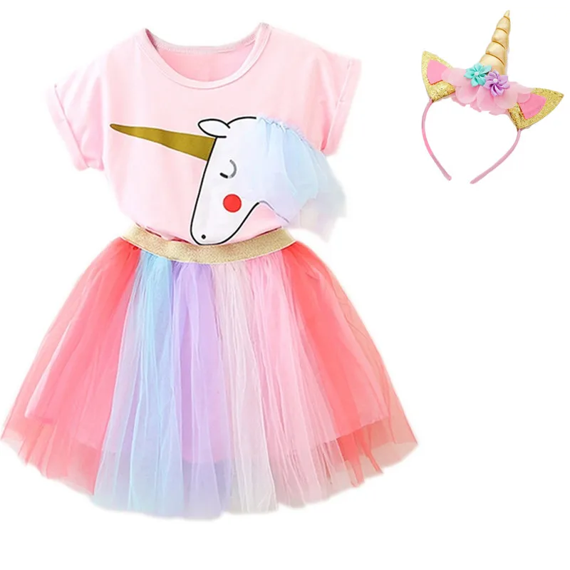 Dekleta Kompleti Oblačil Poletje Moda Samorog Natisnjeni T-Majice+Rainbow Obleko Obleke Malo Princesa Otroci Obleke Za Dekleta Obleke