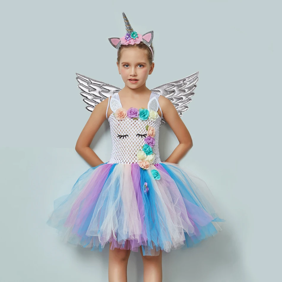 Dekleta Rainbow Unicorn Kostum Obleko Za Stranko Kažejo Halloween Ponija Kostume Baby Cosplay Risanka Obleke s Krili Prikrivanje Krpo