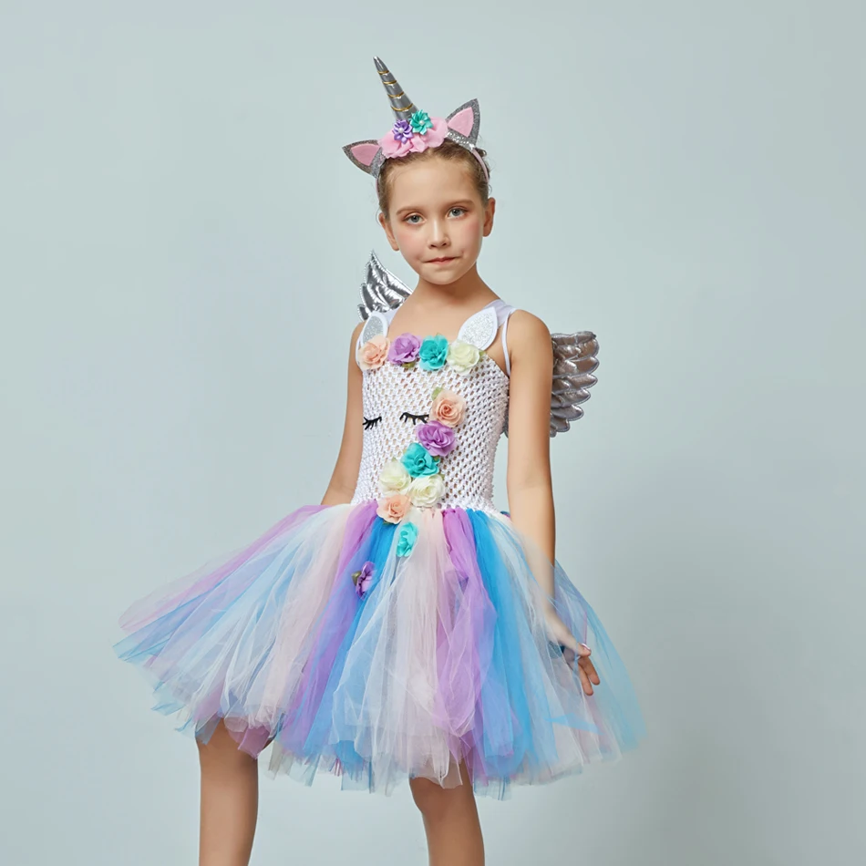 Dekleta Rainbow Unicorn Kostum Obleko Za Stranko Kažejo Halloween Ponija Kostume Baby Cosplay Risanka Obleke s Krili Prikrivanje Krpo