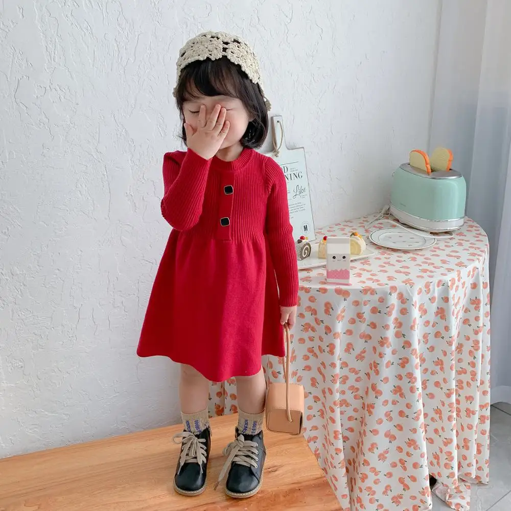 Deklice Barva Jeseni Obleko Oblačila Novega Otroka Korejski Slog Pas Dolgo Sleeved Dame Pletene Obleke Za Dekleta Božič