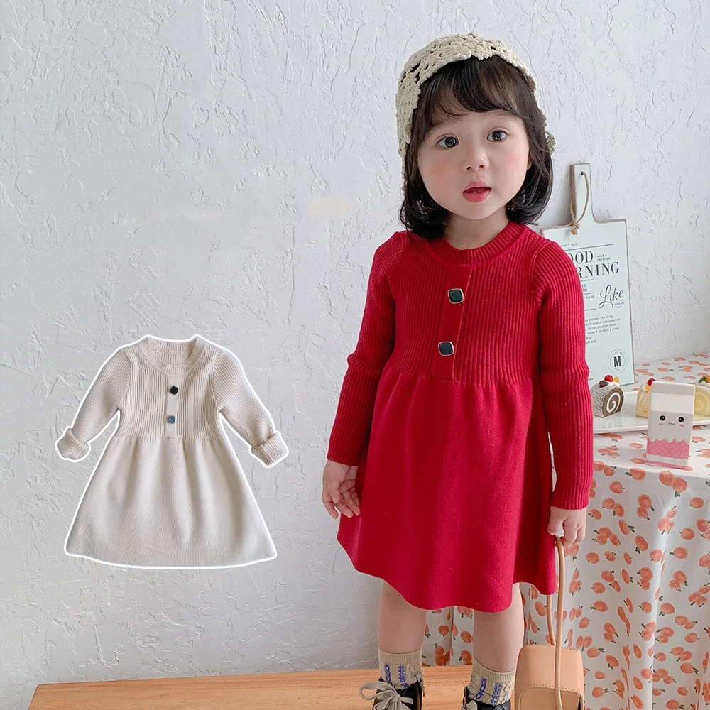 Deklice Barva Jeseni Obleko Oblačila Novega Otroka Korejski Slog Pas Dolgo Sleeved Dame Pletene Obleke Za Dekleta Božič