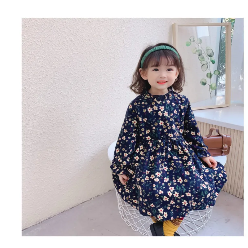 Deklice Dolg Rokav Bombaž Cvetlični Stoji Ovratnik Plišastih Zgosti Obleka Princess 2020 Jeseni, Pozimi Obleko Novo Dojenčke Baby Oblačenja