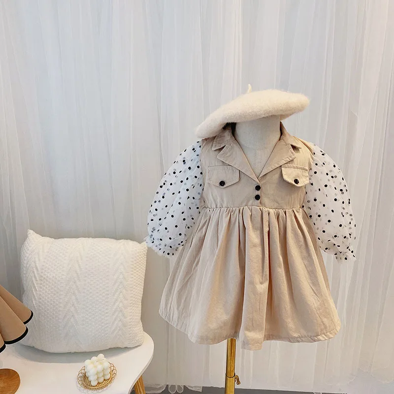 Dekliške Obleke Windbreaker Mid-Dolžina otroška Oblačila 2020 Novega Otroka Otroci Jeseni Plašč Tankih korejskem Slogu Puff Rokav Obleka