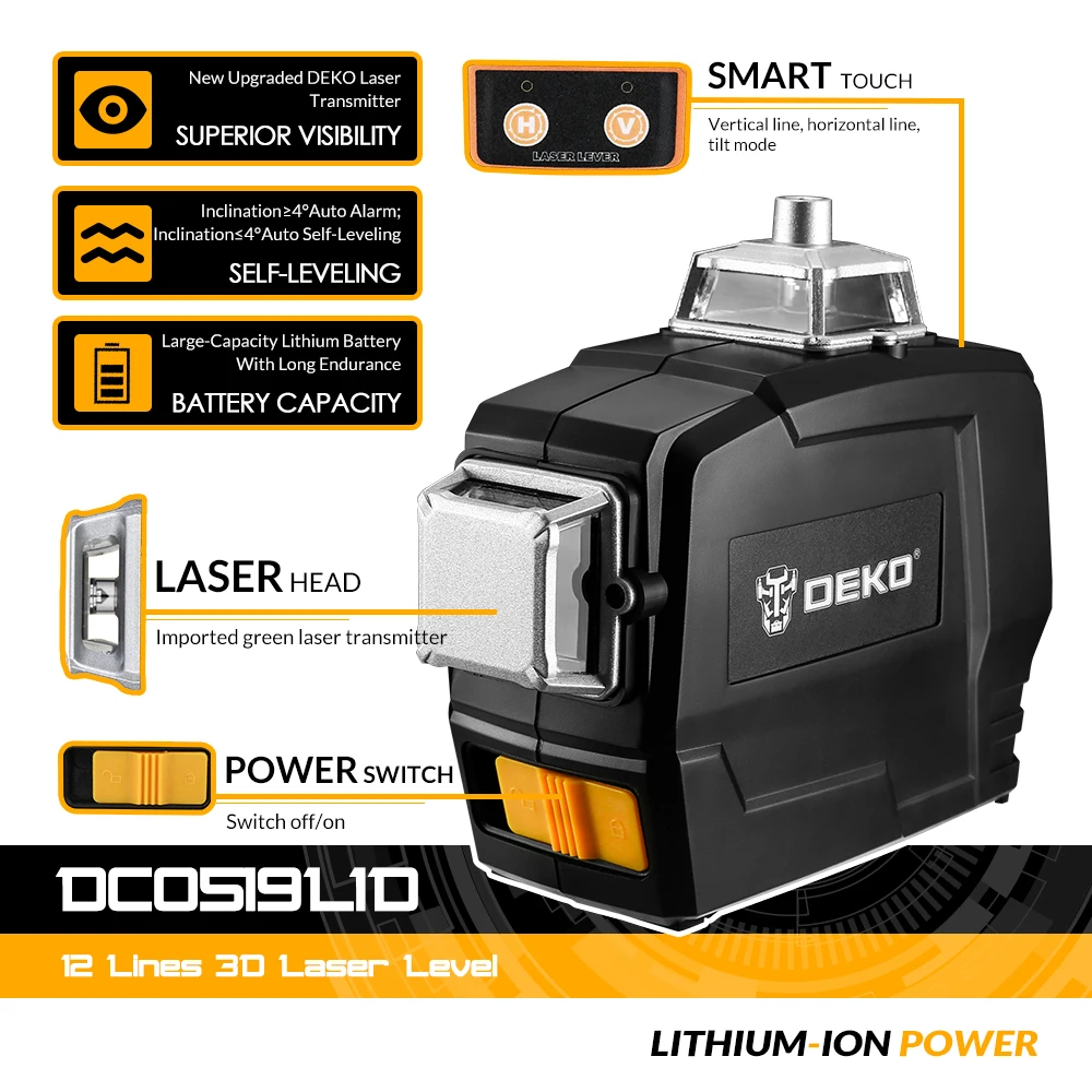 DEKO 12 Linij Serije Laser Nivel 360 Autonivelante Vodoravno In Navpično Zelene Črte Z Auto Self-Izravnavanje Enostavno Videti