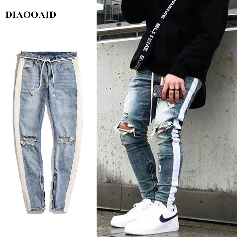DIAOOAID 2018 nove ulične hiphop osebnost moške jeans strani zadrgo raztrgala modni moški uničeno suh 2 barve traper hlače