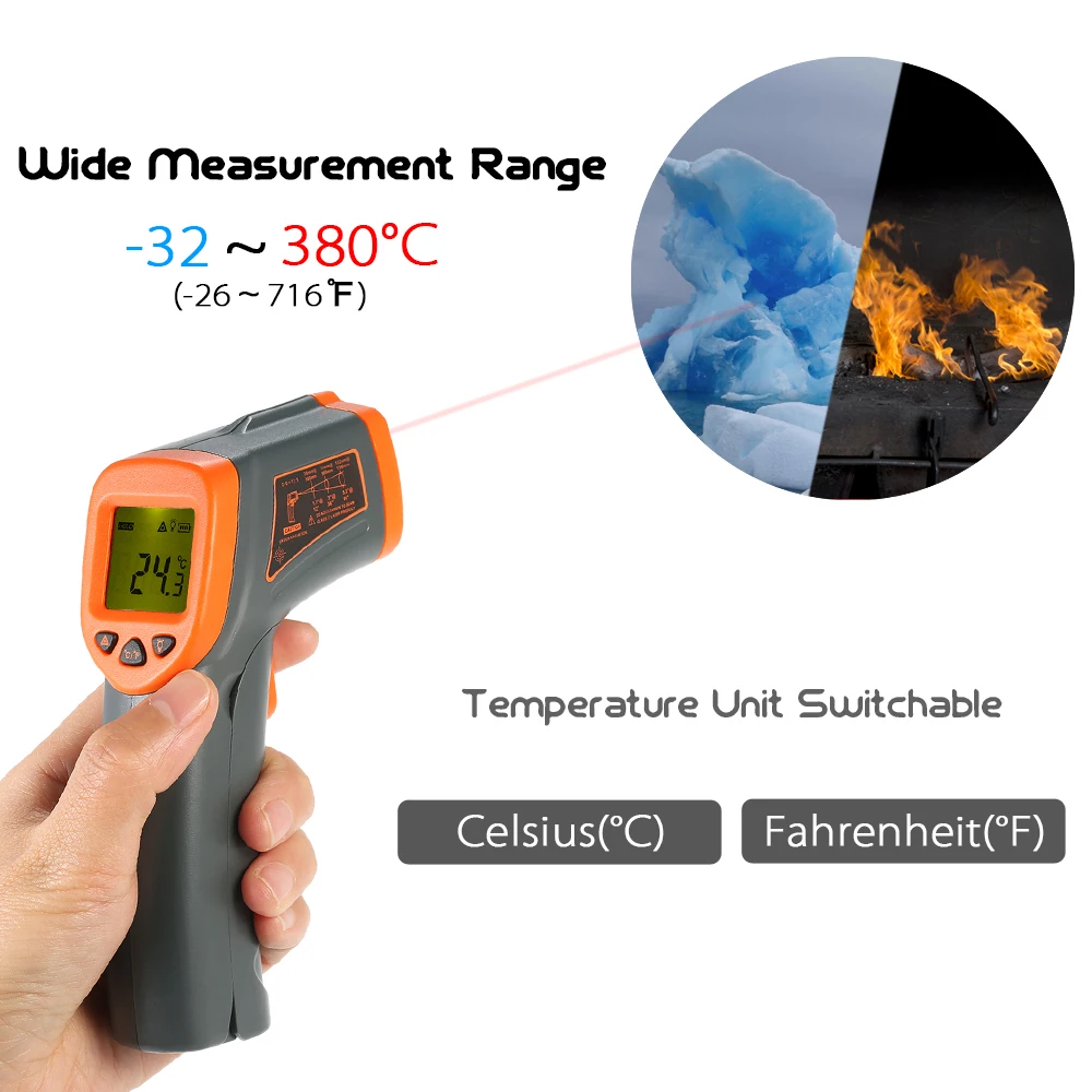 Digitalni Infrardeči Termometer Laserski Merilnik Temperature brezkontaktno Pyrometer IR termometro Barvni LCD-Zaslon -32~380℃/ -32~550°C