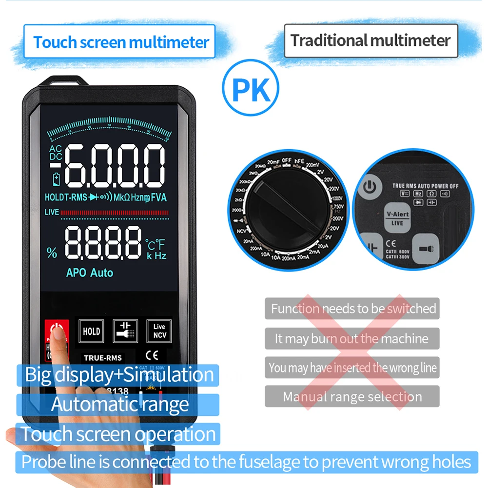 Digitalni Multimeter Smart Touch Screen DC Analognih Bar True RMS Tester 6000counts Tranzistor Kondenzator NKV Izpraševalec Meter