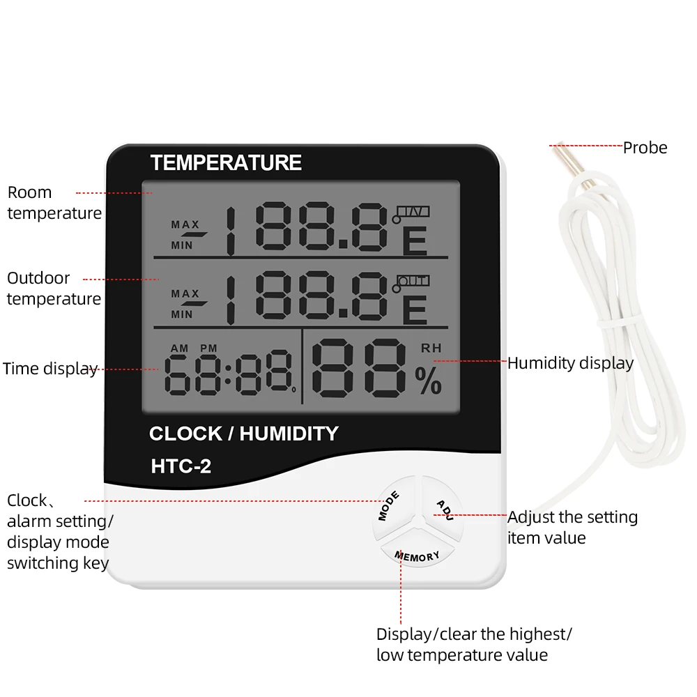 Digitalni Temperatura Vlažnost Meter Elektronski LCD Notranji Zunanji Termometer, Higrometer Vremenske Postaje Ure HTC-1 HTC-2 30%popusta