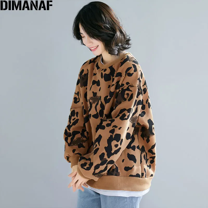 DIMANAF 2020 Plus Velikost Ženske Majica Pozimi Debel Kožuh Leopard Print O-Vratu Puloverju, Priložnostne Slog, Letnik Bombaž Novo Tees