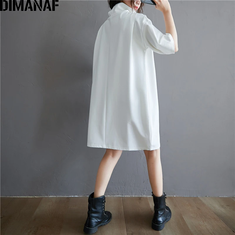 DIMANAF Plus Velikost Ženske obleke Turtleneck Priložnostne Osnovne Lady Vestidos Bombaž Debele Trdno Obleko Kolena-Dolžina Žepa Pomlad 2021