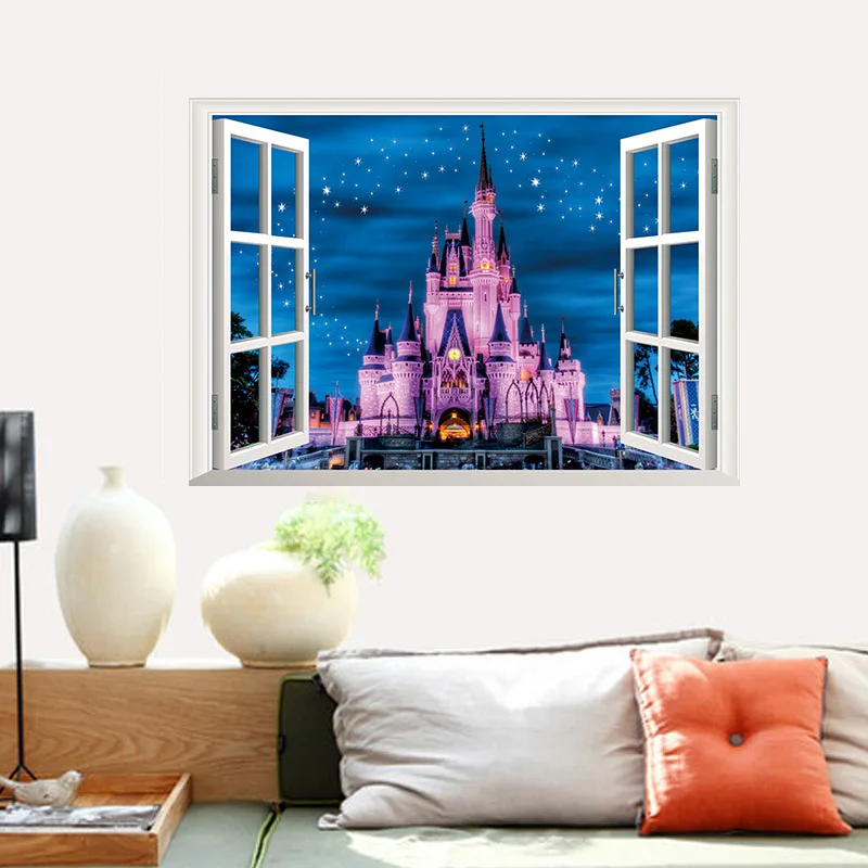 Disney Grad stenske nalepke spalnica pribor 3DVIEW Okno nalepke za otroke, soba, Dnevna Soba dekoracijo Doma plakati
