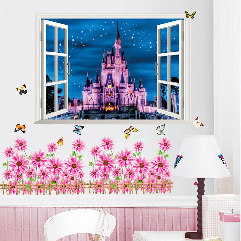 Disney Grad stenske nalepke spalnica pribor 3DVIEW Okno nalepke za otroke, soba, Dnevna Soba dekoracijo Doma plakati