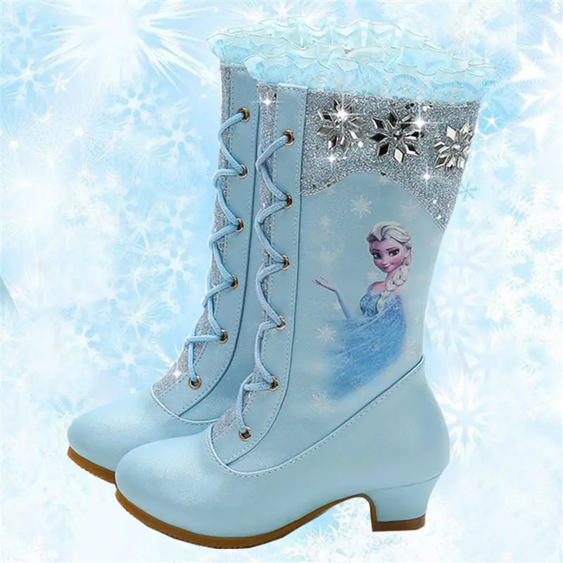 Disney Jeseni In Pozimi Novi Visoki Škornji za Dekleta Princesa Visoko peto Otrok Sequins Sneg Škornji, Čevlji Zamrznjeno