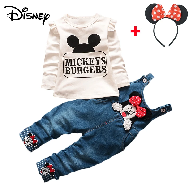 Disney Mickey Baby Dekle Obleko Lepo Dolgo Oplaščeni T-shirt Vrhovi Cvetlični Hlače Baby Girl Obleke za Prosti čas Otroci Bebes Tek bo Ustrezala