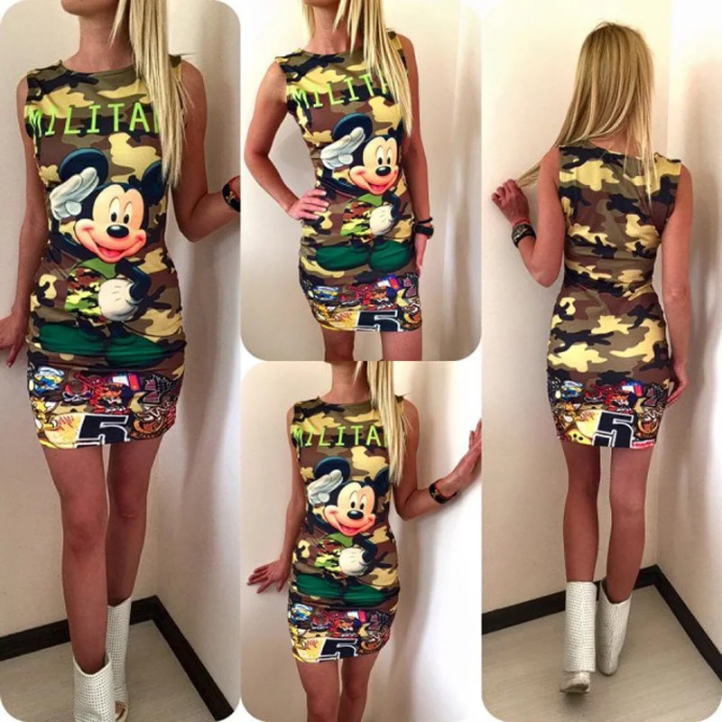 Disney Mickey Minnie Mouse Oblačenja Za Ženske Modni Tisk O-Vratu Brez Rokavov Poletje Mini Obleke Bodycon Slim Priložnostne Svinčnik Vestidos