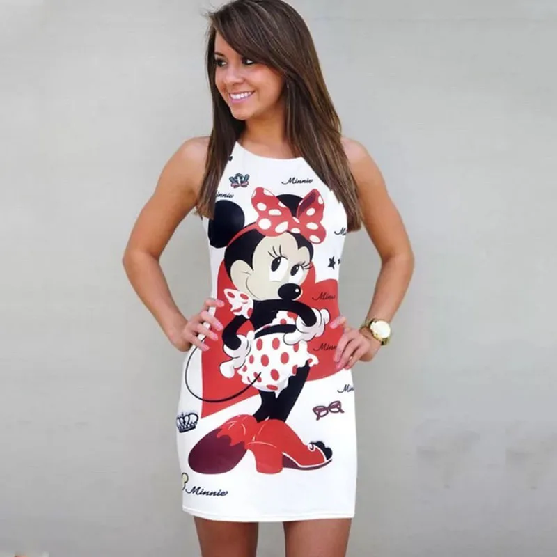 Disney Mickey Minnie Mouse Oblačenja Za Ženske Modni Tisk O-Vratu Brez Rokavov Poletje Mini Obleke Bodycon Slim Priložnostne Svinčnik Vestidos