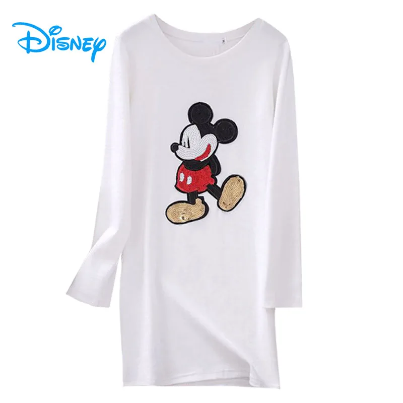 Disney Mickey Mouse Sequins Shift Ženske obleke Lady Pomlad Jesen O-Vratu Dolg Rokav Priložnostne Slim Mini Obleka T Shirt vestidos mujer