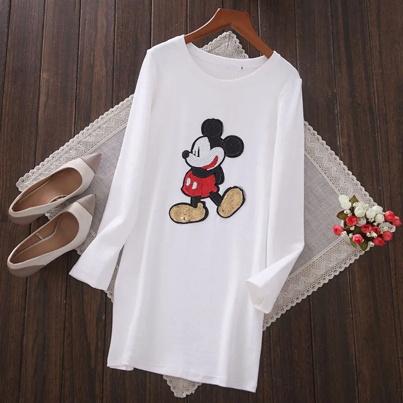 Disney Mickey Mouse Sequins Shift Ženske obleke Lady Pomlad Jesen O-Vratu Dolg Rokav Priložnostne Slim Mini Obleka T Shirt vestidos mujer