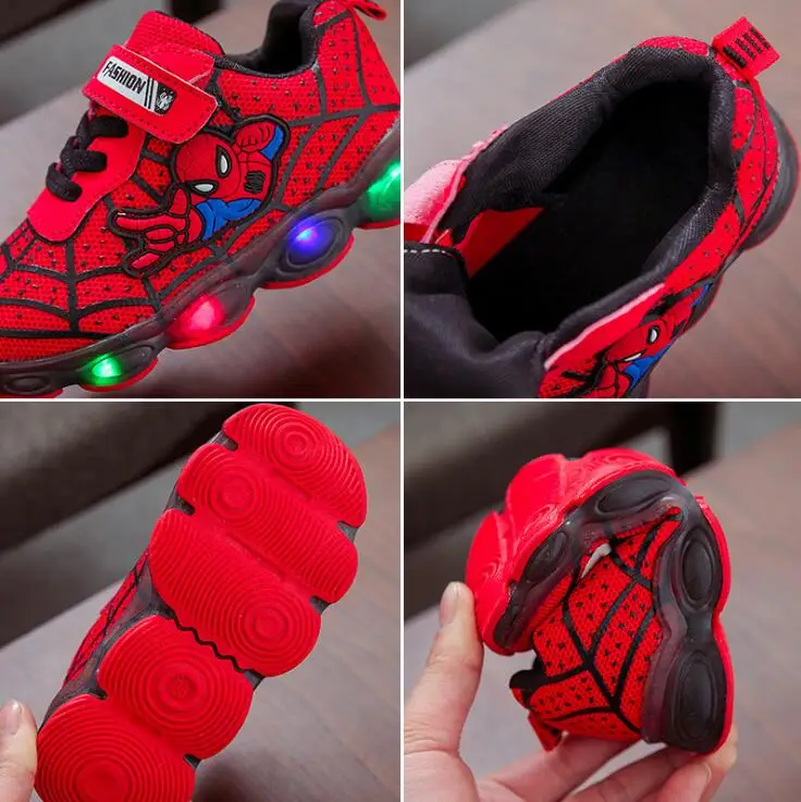 Disney Novih Neto Tkanine Otrok LED Čevlji Spiderman Športni Čevlji Za Fante Svetlobe Dihanje Prosti čas Ravno Čevlji Študent Čevlji