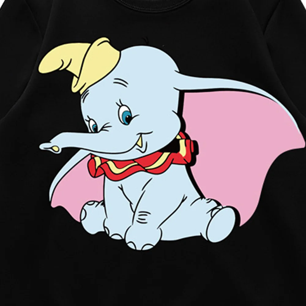 Disney Stilsko Dumbo Slon Risanka Tiskanja Črno T-Shirt O-Vratu Puloverju Lepe Ženske Dolg Rokav Harajuku Svoboden Ulične Vrhovi