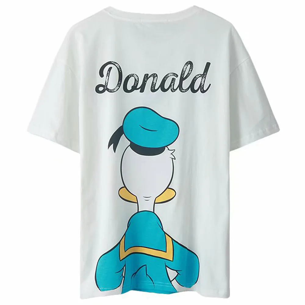 Disney T-Shirt Elegantna Moda Spredaj Nazaj, Donald Duck Risanka Tiskanja Sladko Ženske T-Shirt O-Vratu Puloverju Kratek Rokav Beli Vrhovi Tee