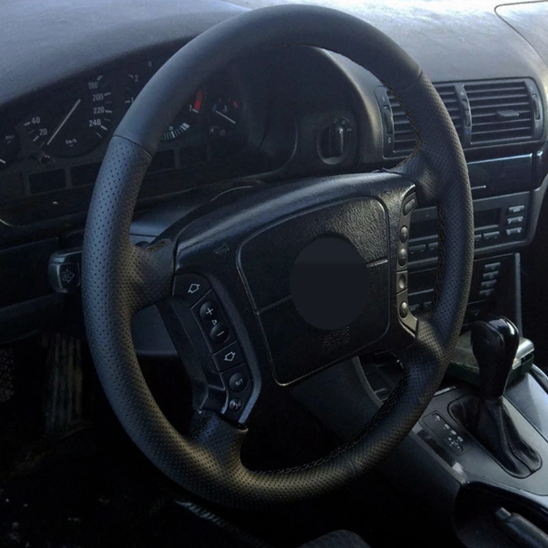 DIY Black Cowhide Anti-slip Udobno Mehko Roko-žico Avto Volan Kritje za BMW E46 318i 325i E39 E53 X5