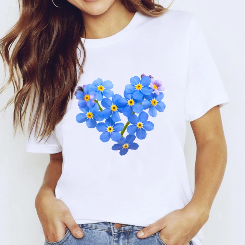 Dlrn 2020 Modni Modri Cvetno Srce, Tiskanje T Shirt Kratek Rokav Priložnostne Bela Dekleta Tee Majice Ženske Vrhovi Tee Ženske Oblačila
