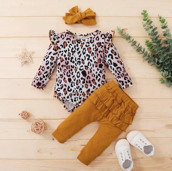 Dojenčka, Malčka Dekleta 3 Kos Obleke Obleke Z Dolgimi Rokavi Leopard Romper Vrh Ruffle Dolge Hlače Lok Glavo Otroška Oblačila