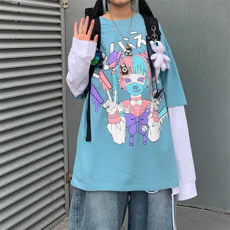 Dolg Rokav T-shirt Gothic Ženske Harajuku Bombaž Tshirt Grunge Tee Pastelnih Goth Oblačila Anime Sailor Moon Oblačila najstnice