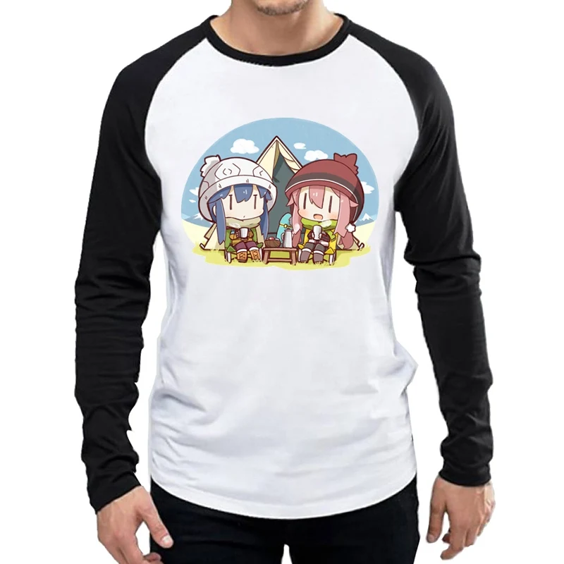 Dolg Rokav Yuru Camp T Shirt Mens Moda Risanka Jih Nazaj Tabor Majica s kratkimi rokavi Top Tees tshirt Poln Rokav Anime Stilu Obleke