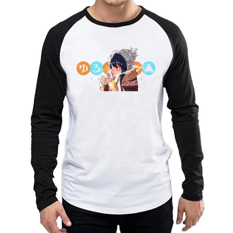 Dolg Rokav Yuru Camp T Shirt Mens Moda Risanka Jih Nazaj Tabor Majica s kratkimi rokavi Top Tees tshirt Poln Rokav Anime Stilu Obleke