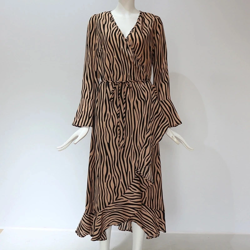 Dolge Ženske Zebra Print Plaži Šifon Obleko Priložnostne Dolg Rokav V Vratu Ruffles Eleganten Stranka Obleko Vestidos 2019 Poletje, Jesen