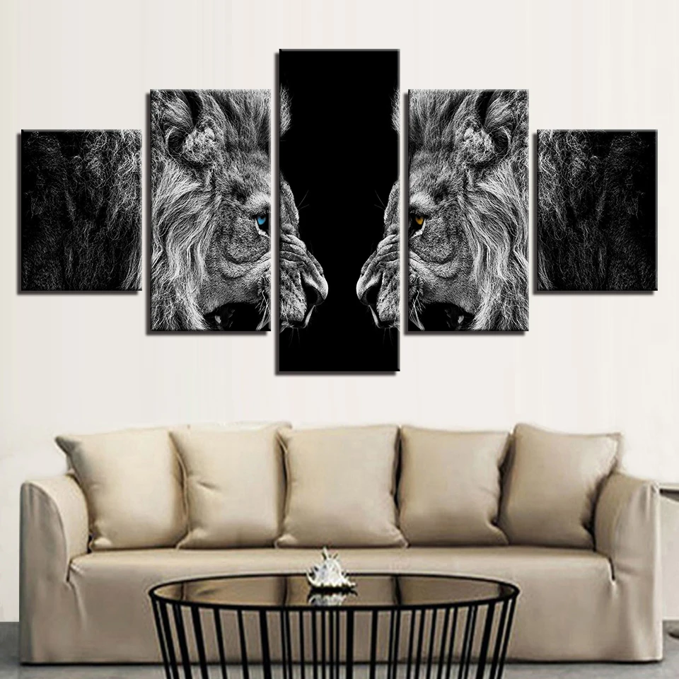 Doma Dekor HD Natisne Platno Plakati Okvir 5 Kosov Bučanje Lions Zrcalne Slike Wall Art Živali Slike Za dnevno Sobo