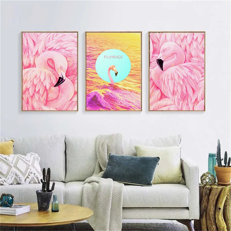 Doma Dekor Nordijska Platno Slikarstvo Živali Seascape Pink Flamingo Plakat, Dnevna Soba, Spalnica Otroci Hotel Steni Sliko Umetnosti Prop DIY