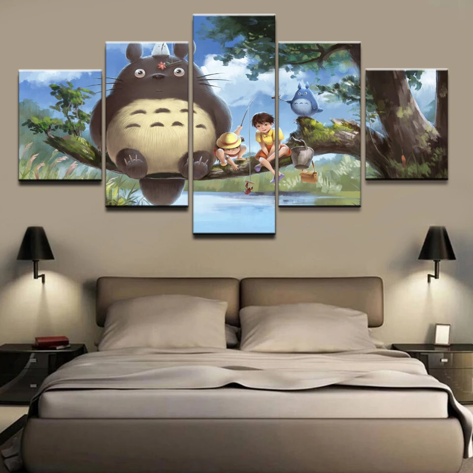 Doma Dekoracijo Tiskanja Platno 5 Kos Animacija Totoro Slikarstvo Stenske Umetnine Plakat Modularni Okvir Za Sliko Na Postelji V Ozadju