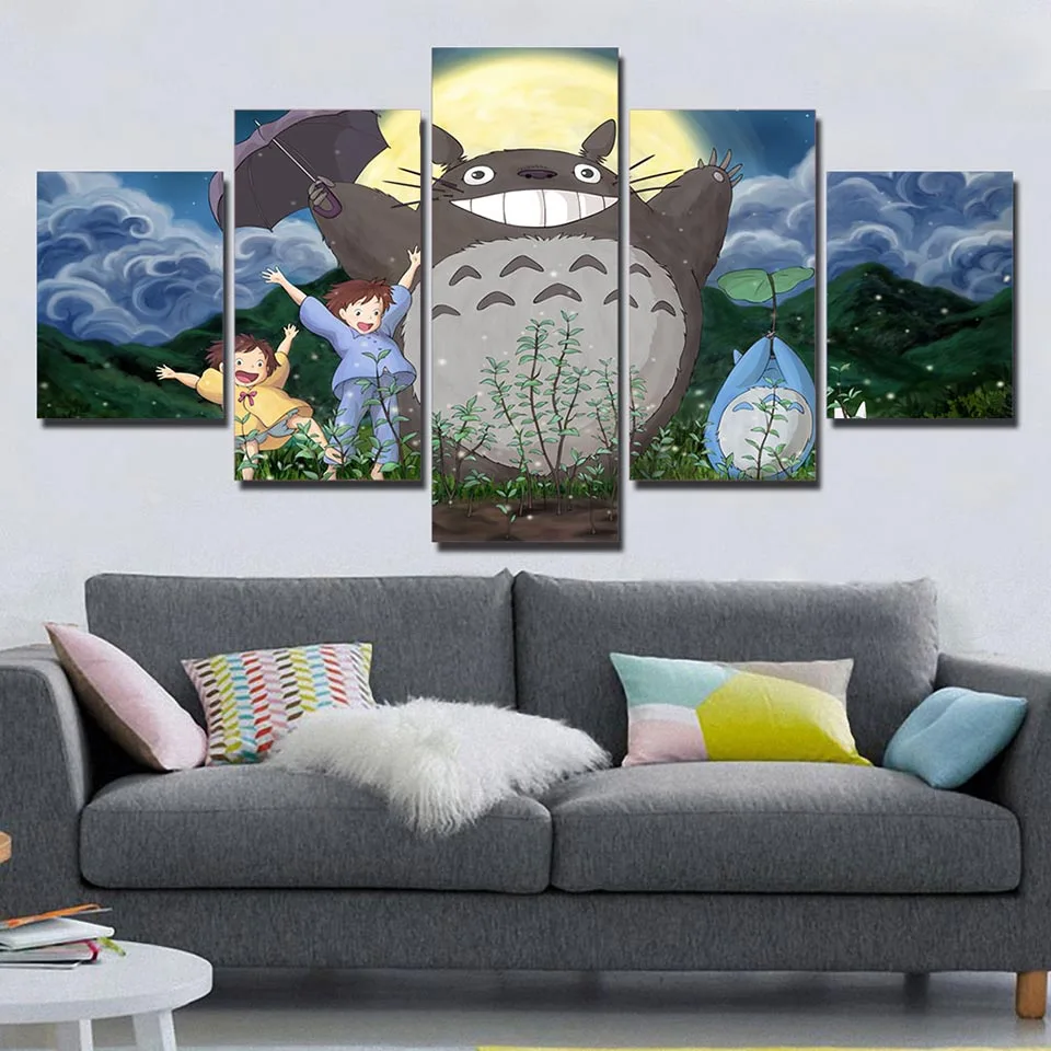 Doma Dekoracijo Tiskanja Platno 5 Kos Animacija Totoro Slikarstvo Stenske Umetnine Plakat Modularni Okvir Za Sliko Na Postelji V Ozadju