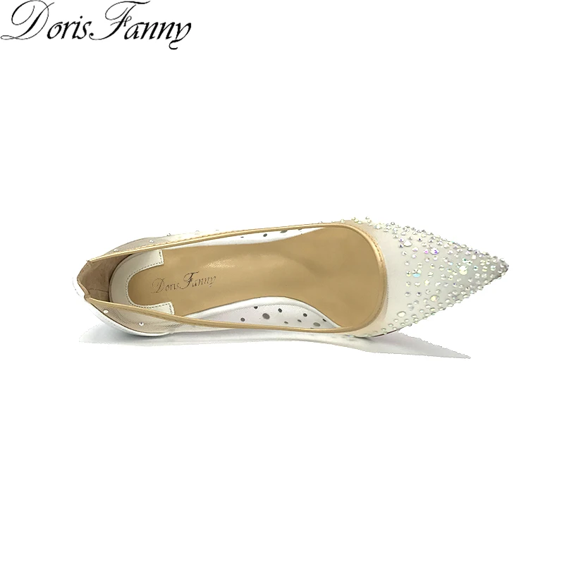 Doris Fanny nosorogovo črpalke Konicami prstov Bela ženska petah oblikovalec dame čevlji Stiletto Poročni Čevlji s kristali