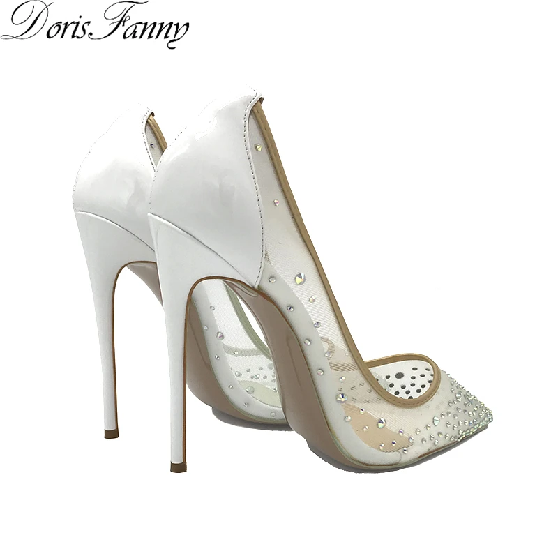 Doris Fanny nosorogovo črpalke Konicami prstov Bela ženska petah oblikovalec dame čevlji Stiletto Poročni Čevlji s kristali