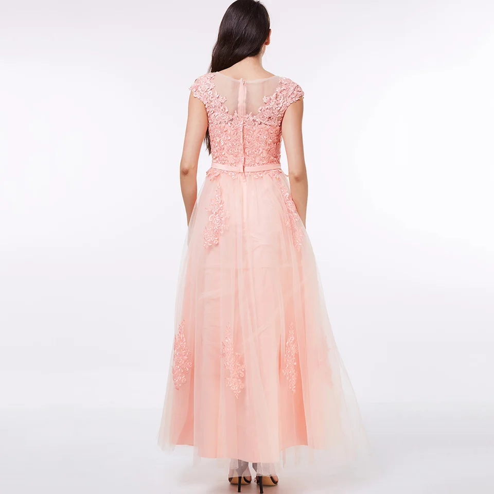 Dressv roza dolgo večerno obleko poceni zajemalka vratu appliques svate formalno obleko linije večerne obleke