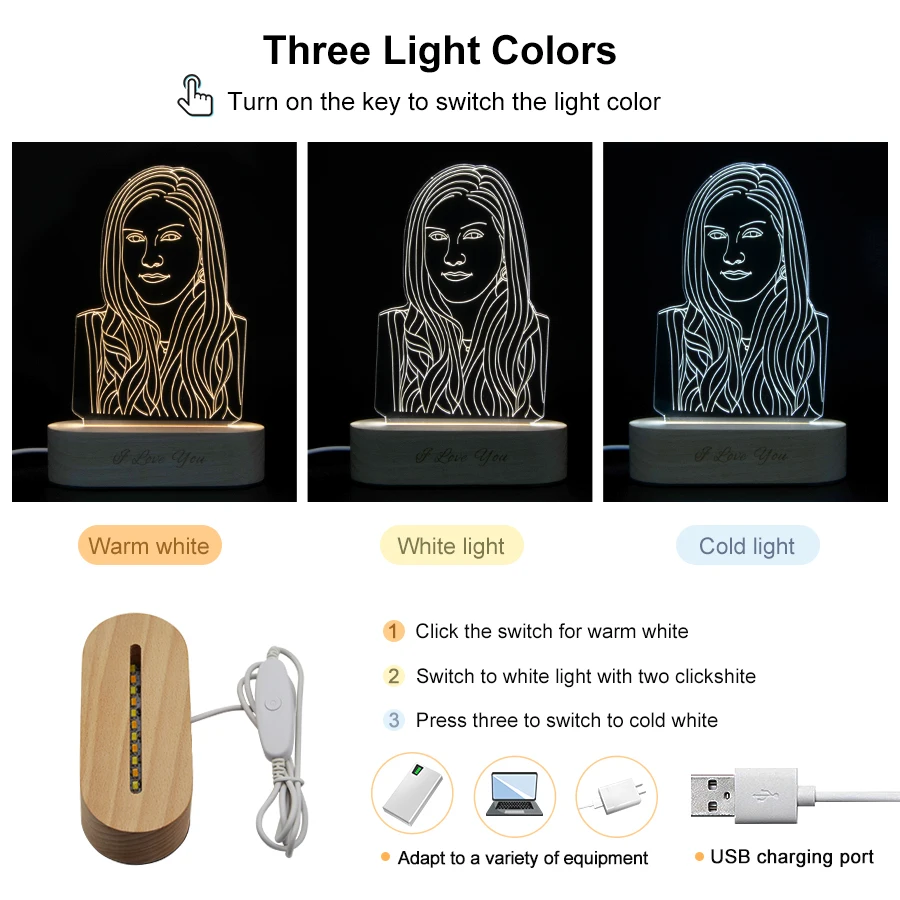 Dropshipping Meri 3D Night Light 3 Barve USB Photo Besedilo po Meri DIY Svetilke Za otroško Božično Darilo Poroka