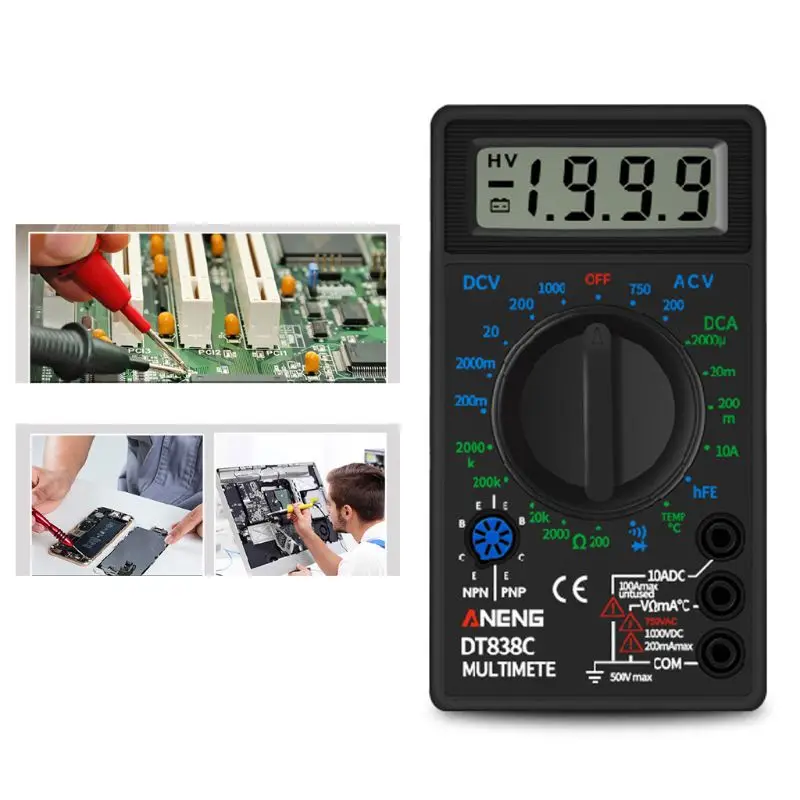 DT838 Digitalni Multimeter Tester AC/DC Napetosti Voltmeter Trenutno Odpornost za Merjenje Temperature Merilnik Ampermeter Test s svincem Pr