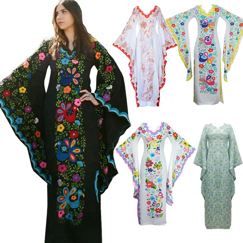 Dubaj Ženske Arabski Obleko tam kaftan Maroški Bohemian Oblačenja Metulja Print Jeseni, Pozimi obleko Oblačilih Arabe hidžab Caftan