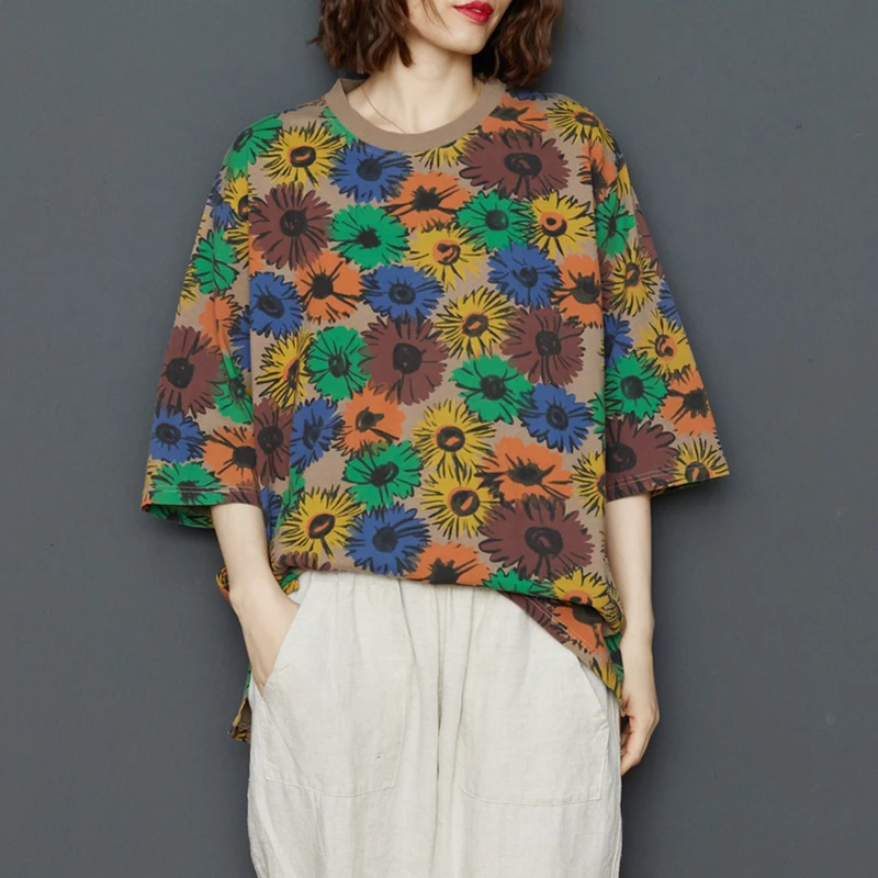 DUŠO TIGER Nove korejske Modne 2020 Poletje Ženske Vintage Oblačil Žensk Priložnostne Cvjetnim Natisne Tshirts Svoboden Cotton Tee Majice