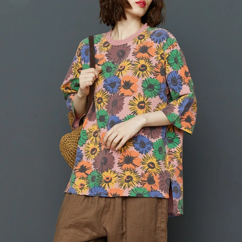 DUŠO TIGER Nove korejske Modne 2020 Poletje Ženske Vintage Oblačil Žensk Priložnostne Cvjetnim Natisne Tshirts Svoboden Cotton Tee Majice