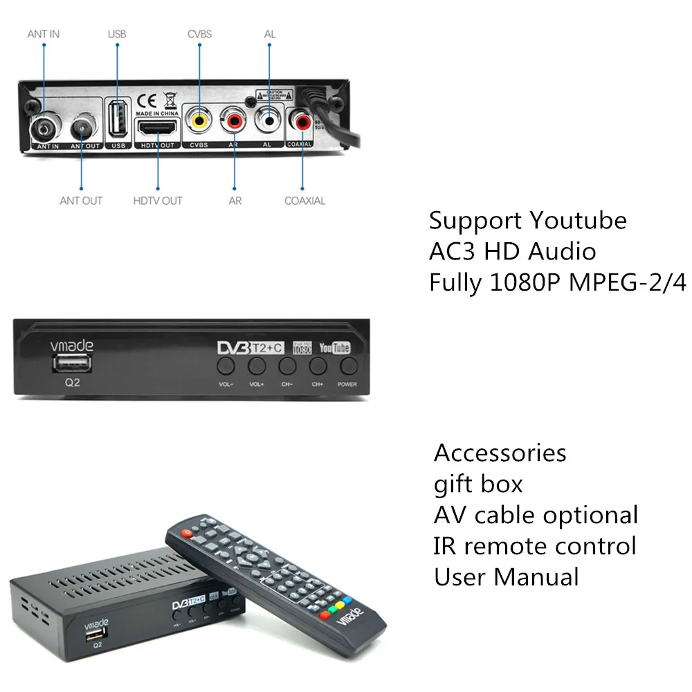 DVB-T2 TV Sprejemnik Dekoder HD 1080 WIFI, TV OKNO DVB-T Digitalni zemeljski Sprejemnik DVB T2 DVB-C Kombinirana H. 264 AC3 HD Audio