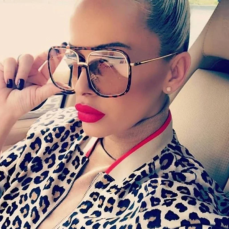 Dvojno bean zlitine leopard tiskanja kvadratnih sončna očala za ženske do leta 2020 moda letnik oversize sončna očala moških zlitine enem kosu odtenki
