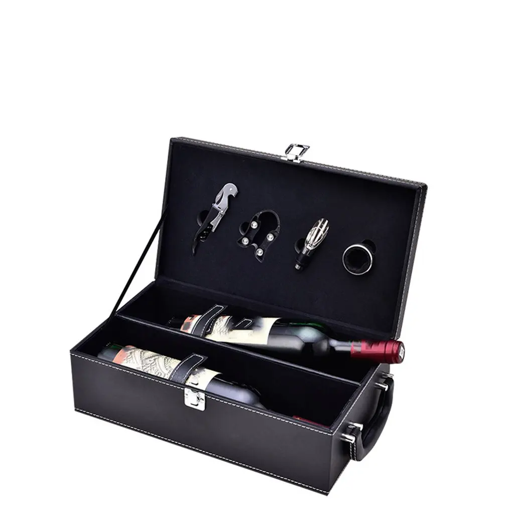 Dvojno palico vino škatla z odpirač za steklenice darilne škatle za vino škatla diamond pu usnje vino embalaža box črni vrh ročaj