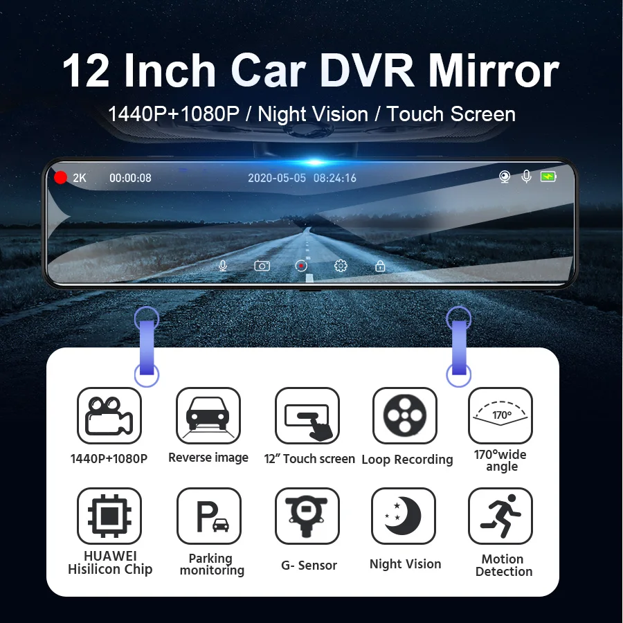 E-ACE A45 2K Dashcam 12 Inch Pretakanje Medijev Vzvratno Ogledalo 1440P FHD Avto Dvr Avto Kamera z Sony Slikovni senzor GPS Diktafon